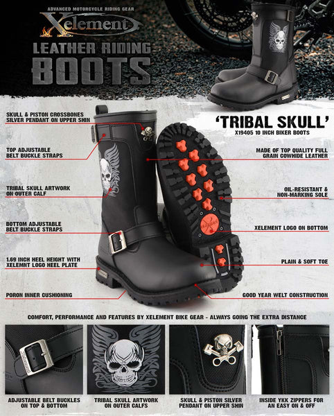 Xelement X19405 Men's Black Tribal Skull Leather Motorcycle Boots with Poron Cushion Insoles