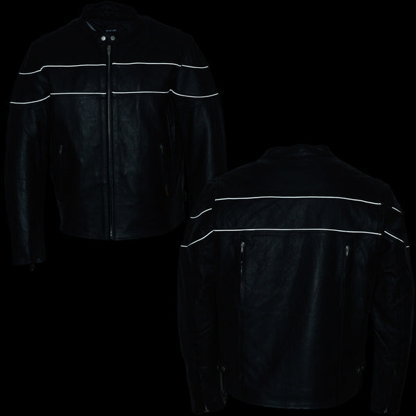 XKM1004 Men's Black Leather Vented Jacket with Reflective Piping