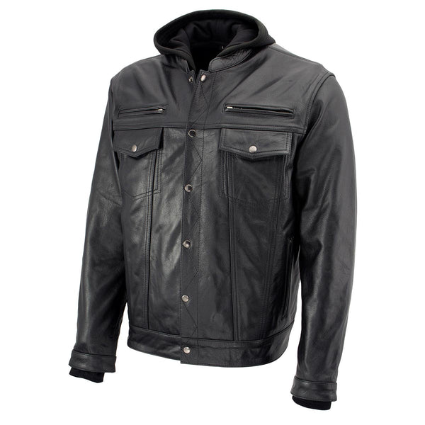 Xelement XS1025 Men’s 'Cross Rake' Black Snap Front Leather Shirt Jacket with Removable Hoodie