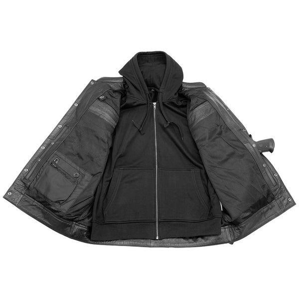 Xelement XS1025 Men’s 'Cross Rake' Black Snap Front Leather Shirt Jacket with Removable Hoodie