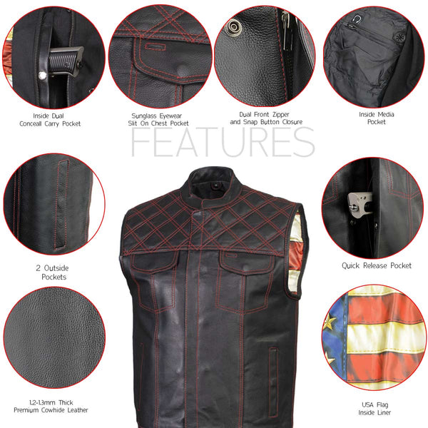 Xelement ‘Gold Series’ XS13002 Men's 'Stars and Stripes’ Black Leather Motorcycle Biker Vest with USA Flag Liner