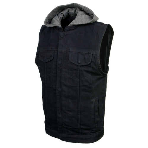 Xelement XS13050 Men's 'Rustic' Black Denim Motorcycle Riding Vest with Hoodie and Quick Draw Pocket