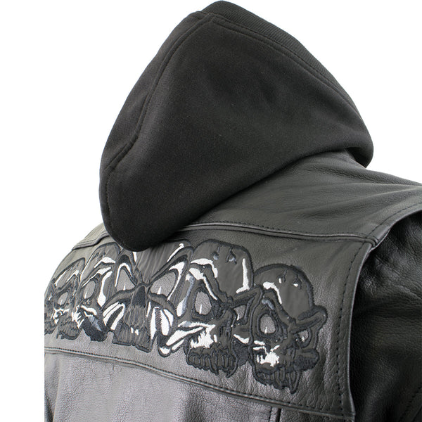Xelement XS1504 Men's ‘Futile’ Black Leather Motorcycle Hooded Jacket with Reflective Skulls