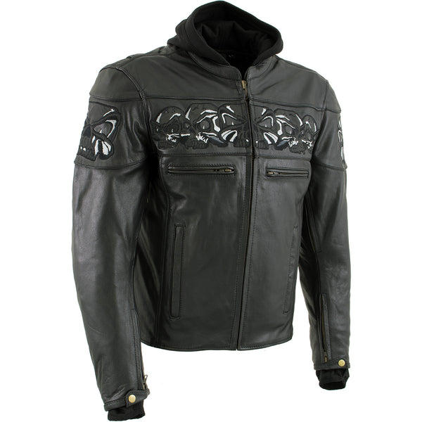 Xelement XS1504 Men's ‘Futile’ Black Leather Motorcycle Hooded Jacket with Reflective Skulls