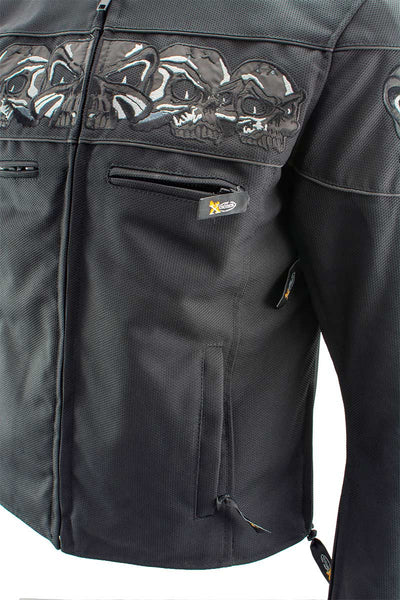 Xelement XS1704 Men’s 'Vengeance' Black Armored Textile Motorcycle Jacket with Skull Embroidery