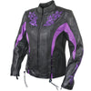 Xelement XS2027 Women's 'Gemma' Biker Black and Purple Leather Embroidered Jacket with X-Armor Protection