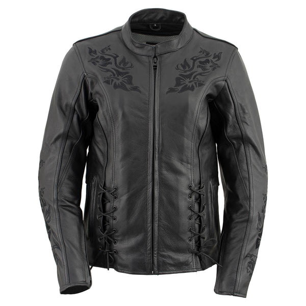 Xelement XS2030 Women's 'Gemma' Biker Solid Black Leather Embroidered Jacket with X-Armor Protection