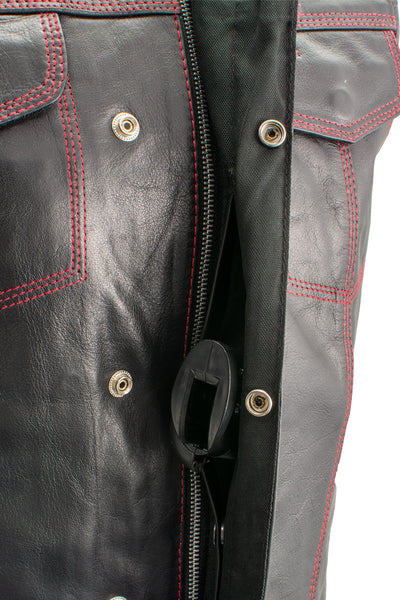 Xelement XS3449 Men's 'Paisley' Black Leather Motorcycle Biker Rider Vest with Red Stitching