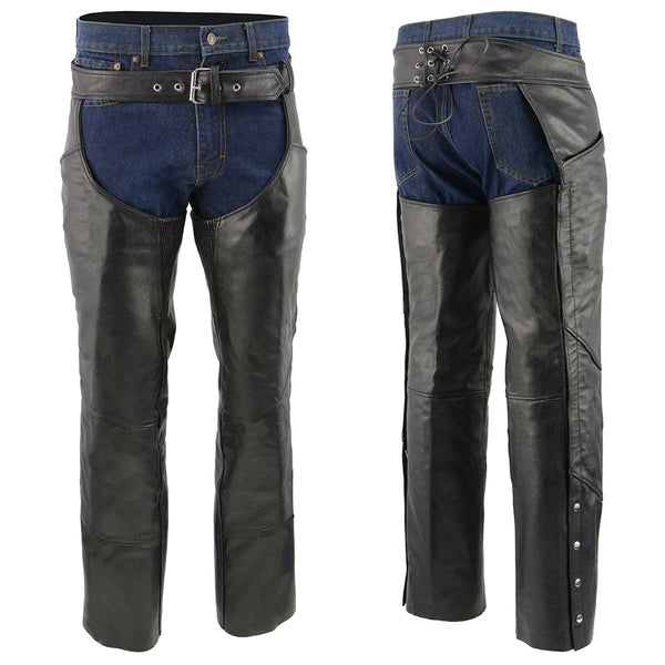 Men's XS432 Classic Black Thermal Lined Leather Motorcycle Chaps with Jean Style Pockets