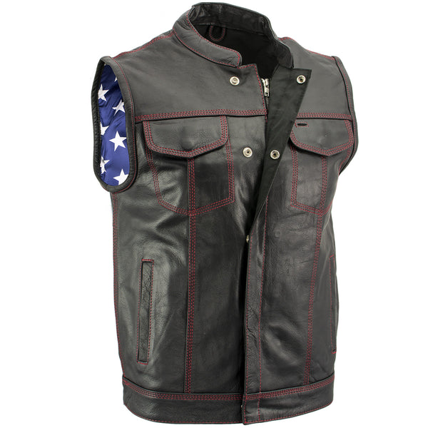 Xelement XS6665 Men's 'Old Glory' Black Leather Motorcycle Vest with Red Stitching and USA Inside Flag Lining