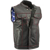 Xelement XS6665 Men's 'Old Glory' Black Leather Motorcycle Vest w/ Red Stitching and USA Inside Flag Lining