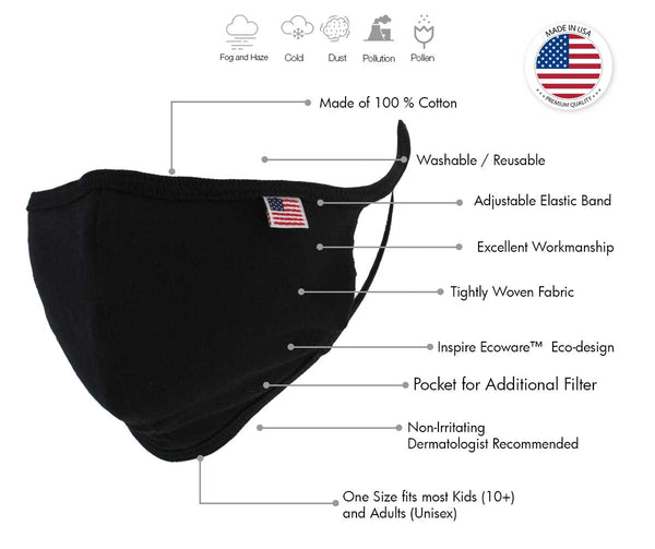 Xelement XS8002 USA Made '100 % Cotton' Black Protective Face Mask