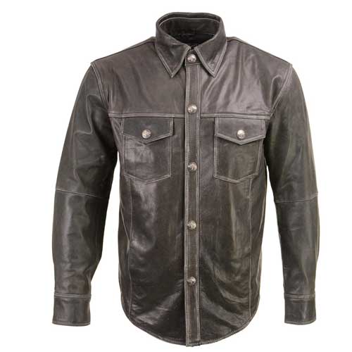 Xelement XS921G Men's 'Nickel' Distress Gray Casual Biker Rider Leather Shirt with Vintage Buffalo Buttons