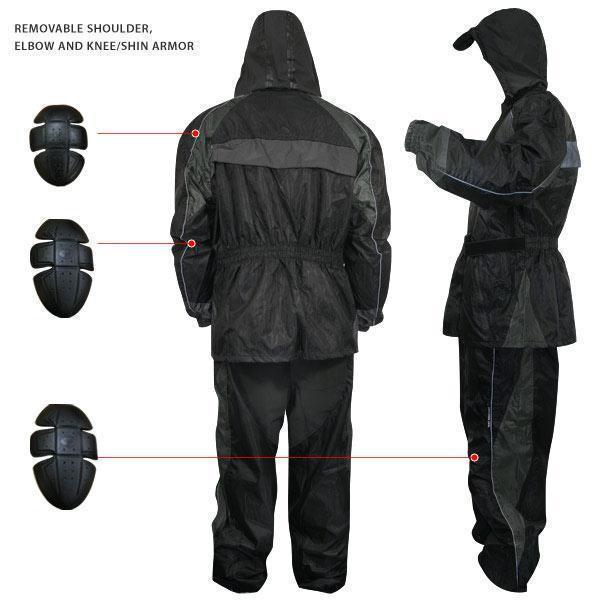 Xelement RN4727 Men's Black Two-Piece Armored Motorcycle Rain Suit