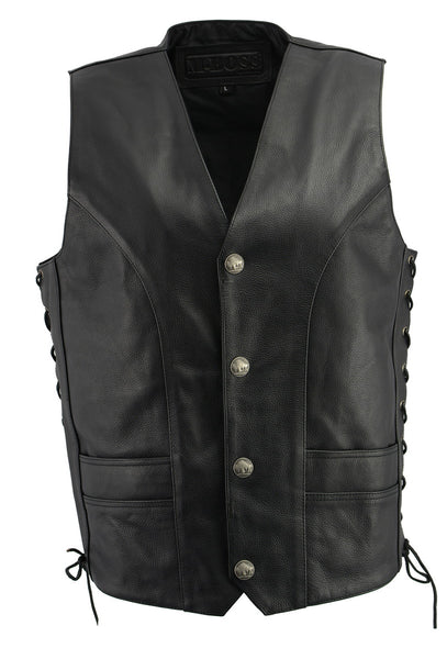 M Boss Motorcycle Apparel BOS13507 Men's Black Side Lace Leather Vest with Buffalo Nickel Snaps