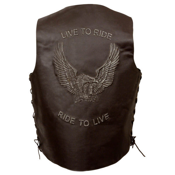Event Leather ELM3900 Men's 'Live to Ride' Brown Leather Side Lace Vest with Flying Eagle Emboss