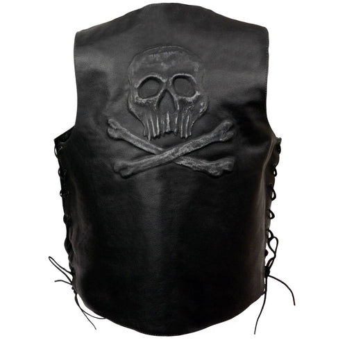 Event Leather ELM3915 Men's Black Side Lace Motorcycle Leather Vest with Skull and Cross Bones Emboss