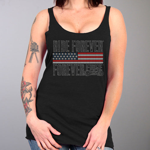 Hot Leathers GLC2443 Ladies 'Ride Forever, Forever Free' US Flag with Bling Black Tank Top