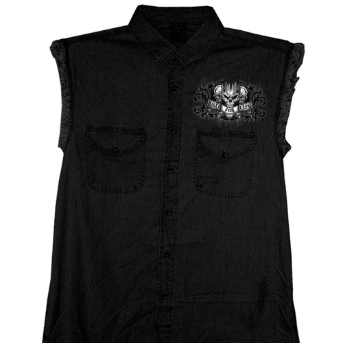 Hot Leathers GMD5015 Mens Ride or Die Skull Sleeveless Denim Black Button Shirt