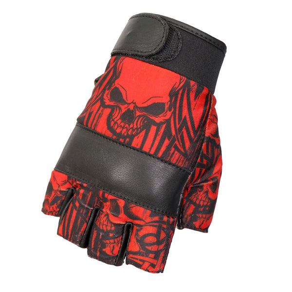 Hot Leathers GVM3010 Uni-Sex Black 'Red Skull' Fingerless Leather Gloves