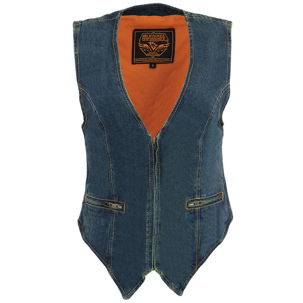 Milwaukee Leather MDL4010 Women's Blue Zipper Front Denim Vest with Side Stretch