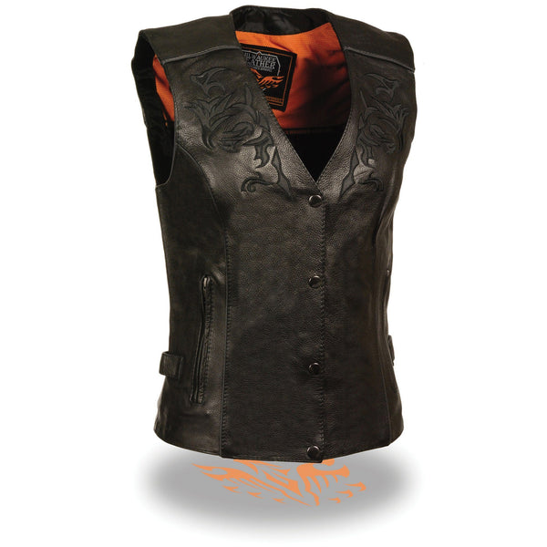 Milwaukee Leather ML1296 Women's Black Leather Vest with Reflective Tribal Design