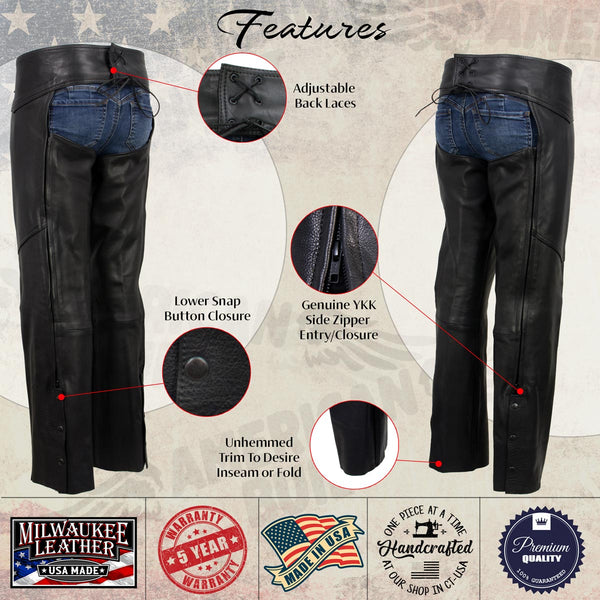 Milwaukee Leather USA MADE MLCHL5001 Women's Black 'Shade' Premium Leather Motorcycle Chaps