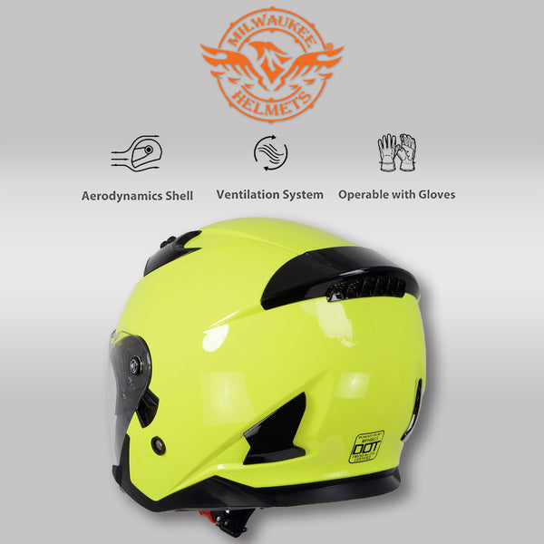 Milwaukee Helmets MPH9823DOT 'Shift' Open Face 3/4 Neon Yellow Helmet for Men and Women Biker with Drop Down Tinted Visor