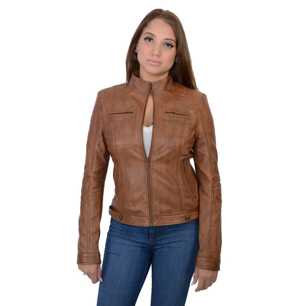 Milwaukee Leather SFL2800 Ladies Whiskey Stand Up Collar Racer Leather Jacket with Rivet Details