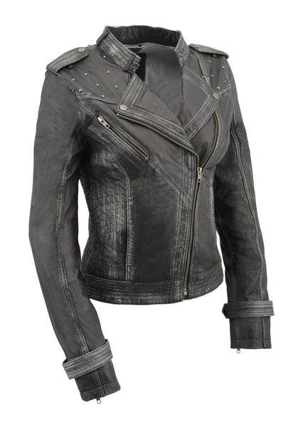 Milwaukee Leather SFL2840 Women's Black Sheepskin Leather Asymmetrical Moto Jacket with Studding
