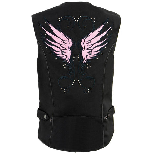 Milwaukee Leather SH1955 Ladies Black and Pink Textile Vest with Wing Embroidery