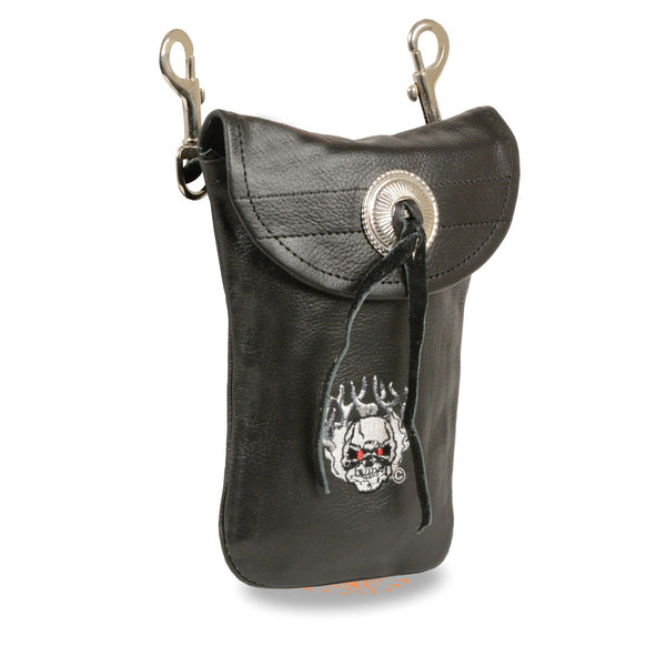 Milwaukee Leather SH506FS Unisex Black Leather Belt Bag with Flaming Skull Embroidery and Concho