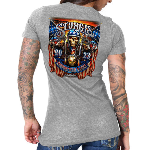 Hot Leathers SPL1824 Women's Heather Gray 2023 Sturgis # 1 American Lady Double Sided T-Shirt