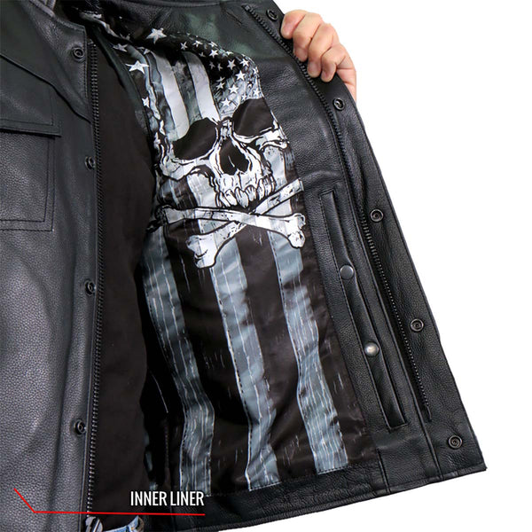 Hot Leathers VSM1054 Men’s Black 'Skull Flag' Conceal and Carry Leather Vest
