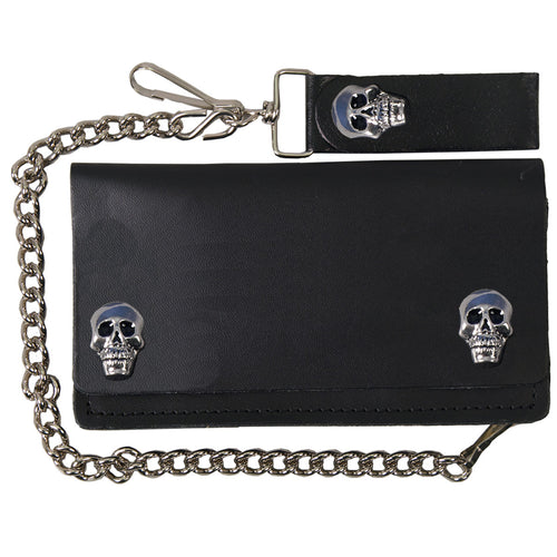 Hot Leathers WLA2004 Skull Snap Bi-Fold Black Leather Wallet with Chain