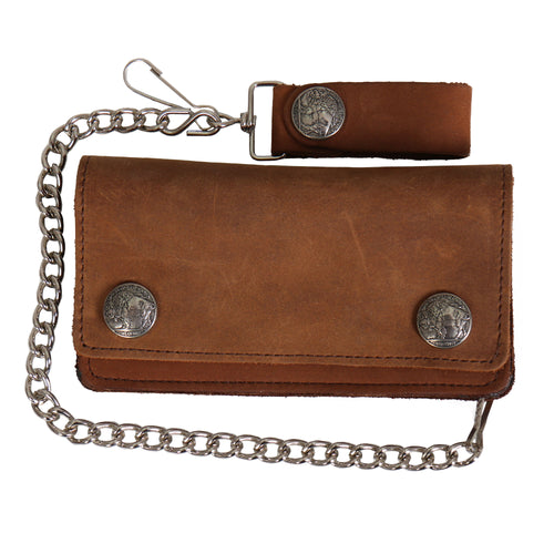 Hot Leathers WLA2016 Brown Buffalo Nickel Bifold Leather Wallet with Chain
